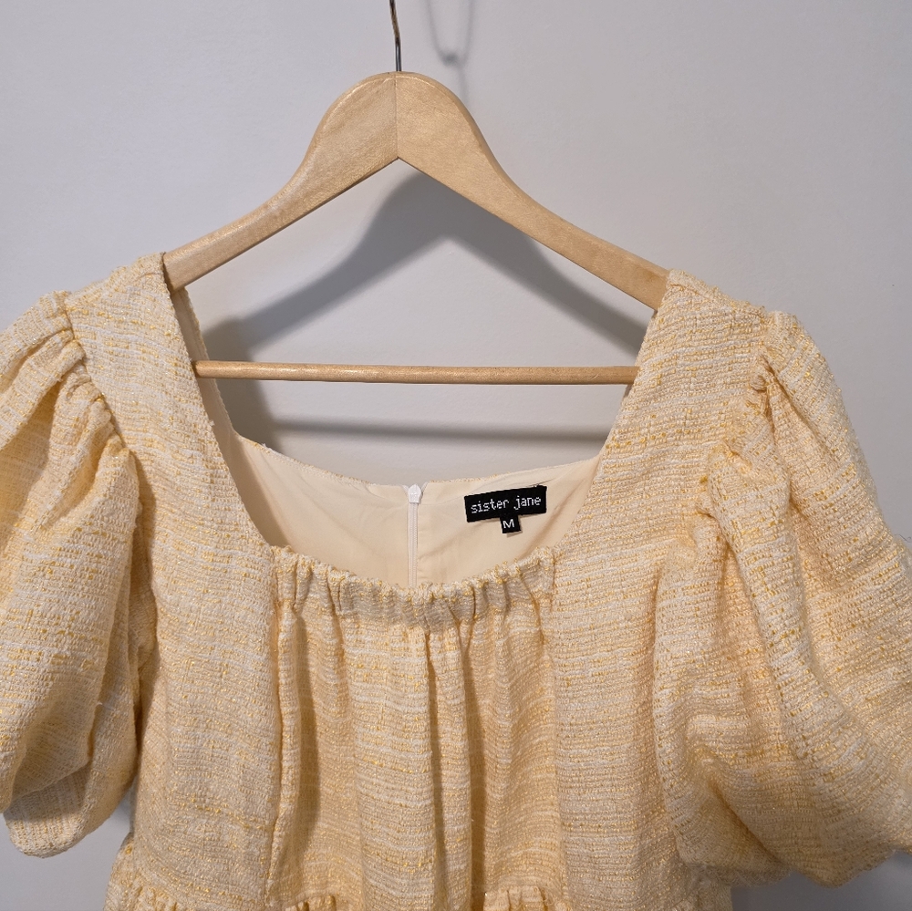 NWOT Sister Jane Tweed Babydoll White Gold Dress With Puffy Sleeves Size Medium - Picture 5 of 8